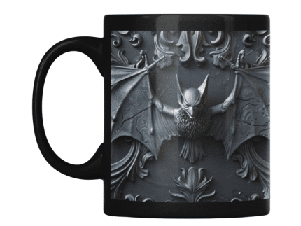 Taza Negra Pato Blue Murciélago Gótico en Relieve