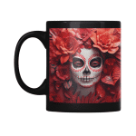 Taza Negra Pato Blue Día de Muertos con Calavera y Flores Rojas
