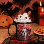 Taza Negra Pato Blue Día de Muertos con Calavera y Flores Rojas - Imagen 4