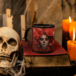 Taza Negra Pato Blue Día de Muertos con Calavera y Flores Rojas - Imagen 5