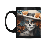 Taza Negra Pato Blue Catrina con Sombrero y Flores Naranjas