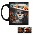 Taza Negra Pato Blue Catrina con Sombrero y Flores Naranjas - Imagen 2
